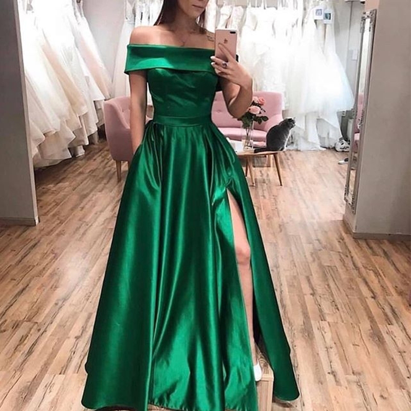 

Boat Neck Green Prom Dresses with Pockets A-Line Satin Long Prom Gowns Cheap Graduation Wear bestidos de gala, Dark red