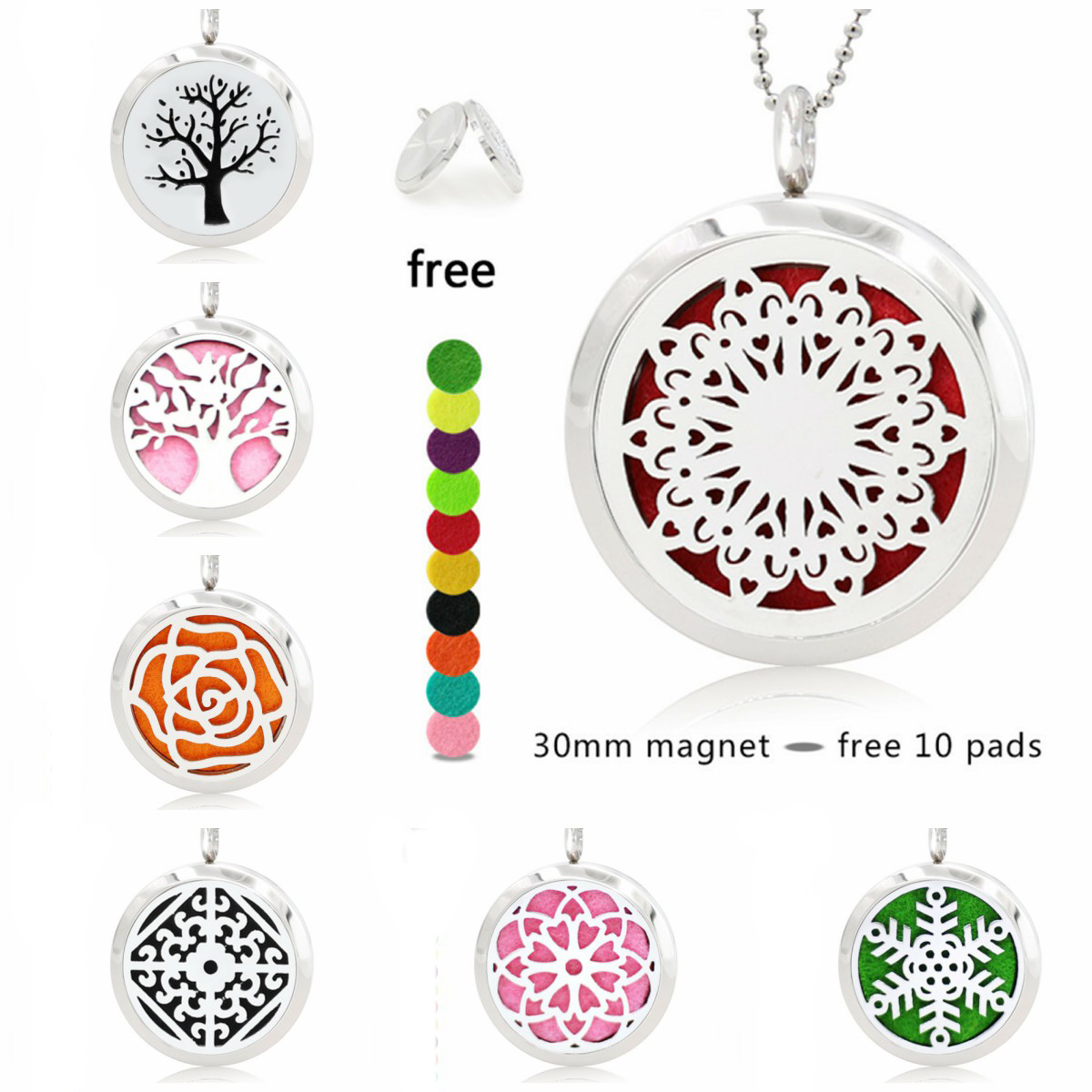 

Flower Tree of life 30mm Magnet 316L Stainless Steel Essential Oil Aromatherapy Perfume Diffuser Necklace Pendant 10pcs Pads (no chain)