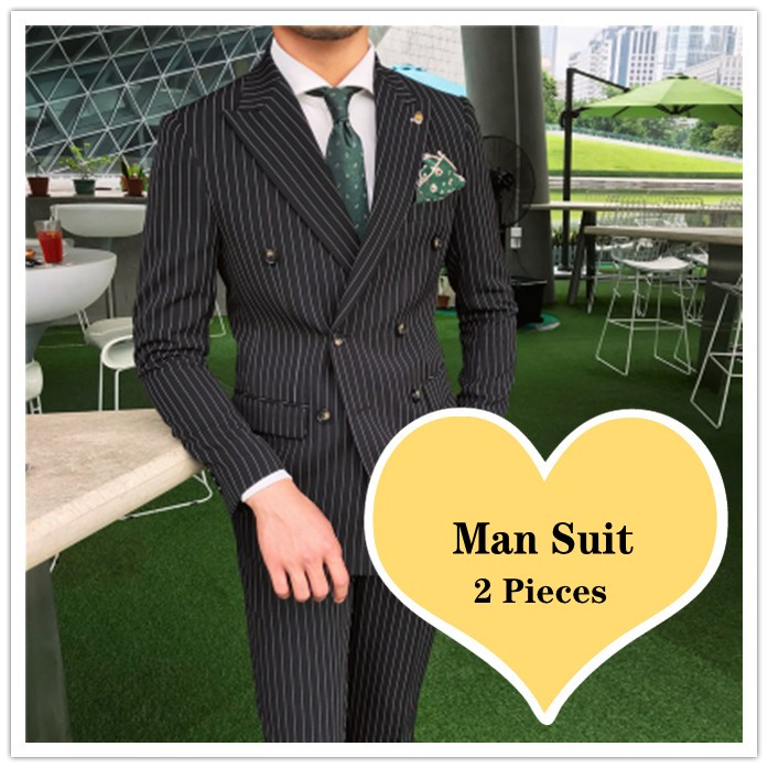 

Slim-fit custom double-breasted black striped high quality men's wedding groom dress prom casual suit 2 piece jacket pants