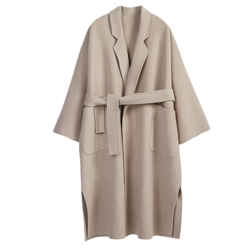 

Women Woolen Coat 2018 Winter Belt Waist Turn-down Collar Female Casual Solid Color Wool Blends Jacket Loose Long Overcoat H71, Beige