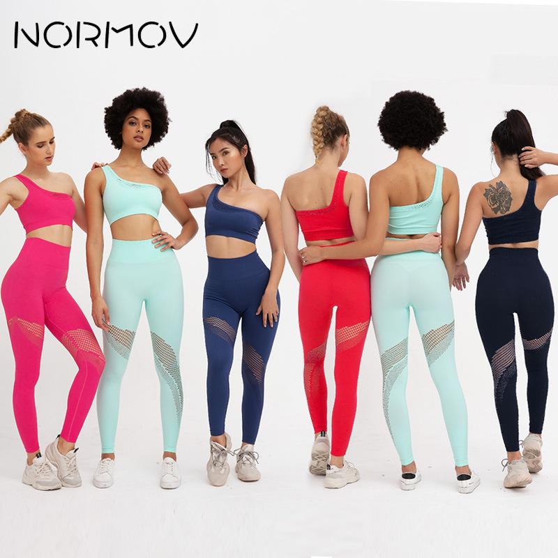 

NORMOV Yoga Set Seamless 2 Pieces Gym Suits Women Hollow Out Leggings Padded One Shoulder Sports Bra 2 Piece Gym Set, Red