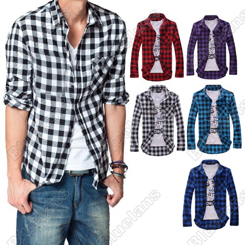

New Mens Slim Fit Casual & Dress Plaid Check Shirt Korean Style Blue Red Black, Purple