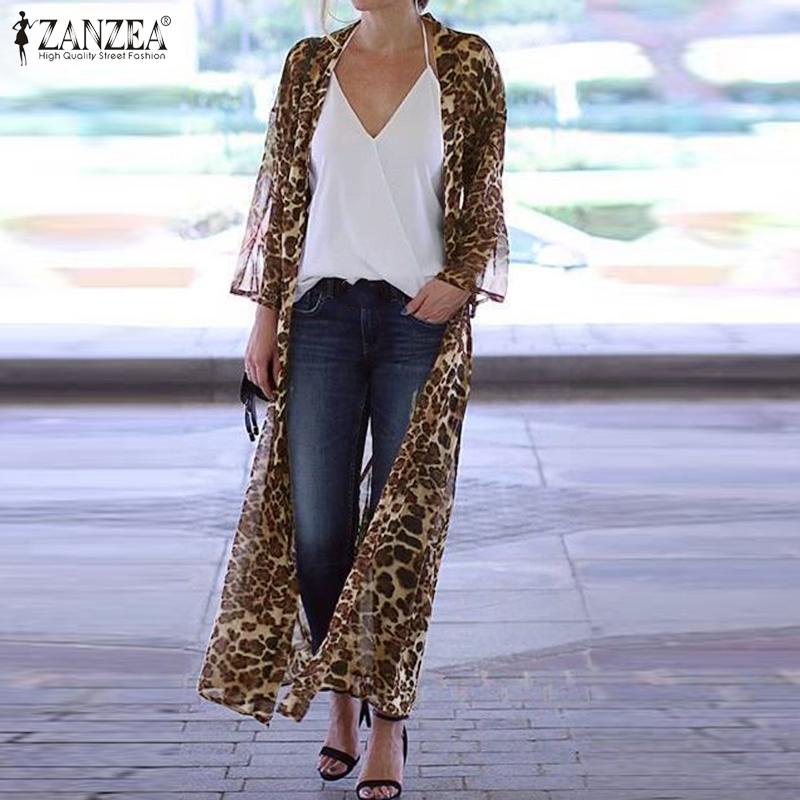

ZANZEA Fashion Leopard print Beach Cardigan Women Long Sleeve Long Shirt Summer Kimono Bohemian Blouse Top Chemise Femme Robe, Brown