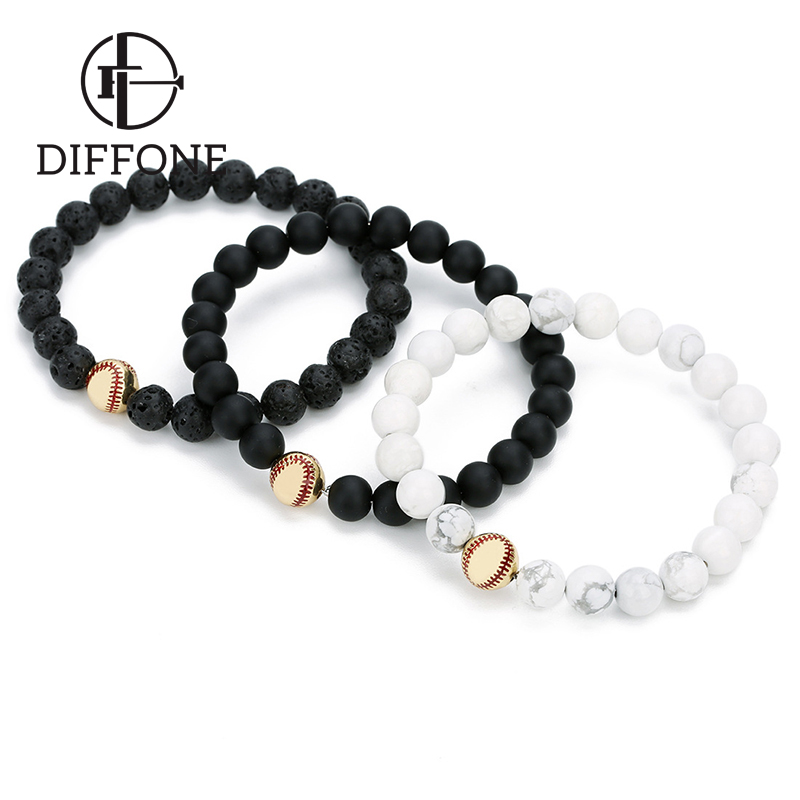 

Diffone Cute Football Bracelet Male Femme Real Natural White Turquoises Oxyn Lava Stone Braslets Round Yoga Beaded Braclet Joyas
