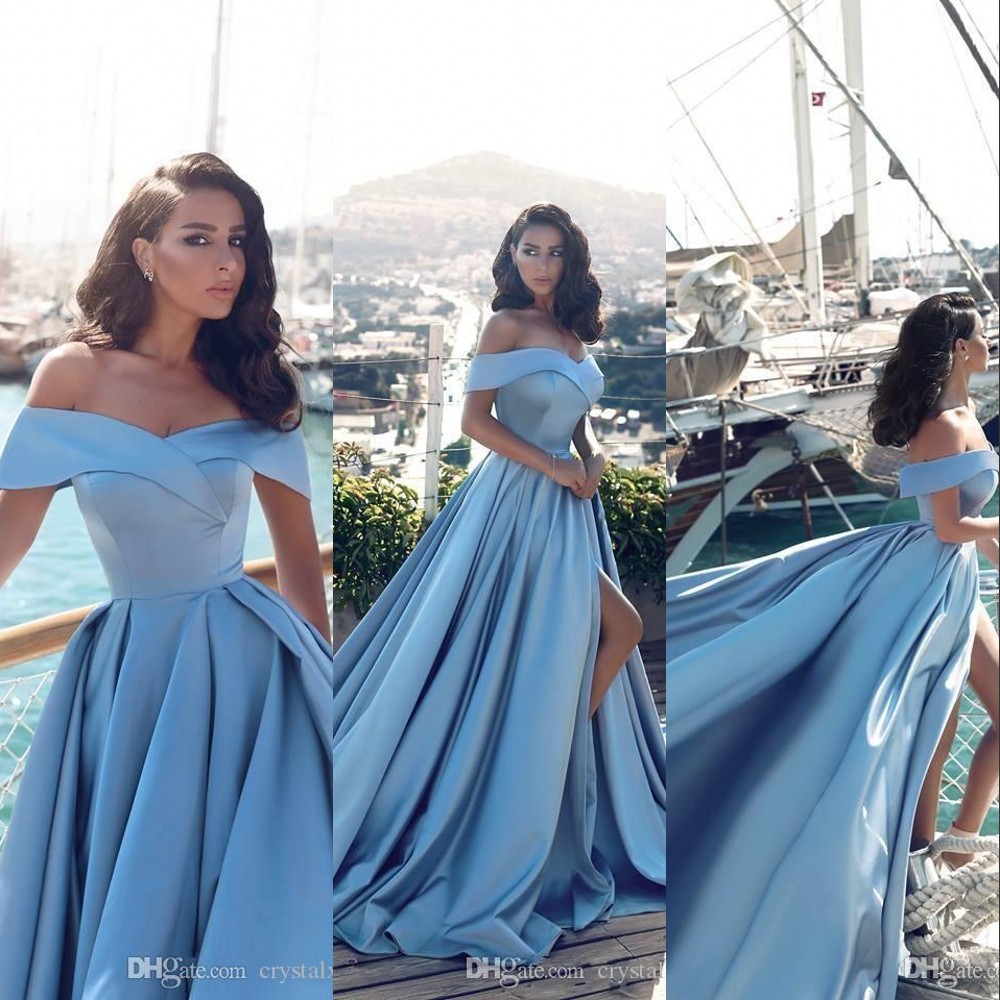 

New Elegant Cheap Arabic Prom Dresses Sky Blue Satin Off Shoulder Ball Gown Sweep Train Plus Size Split Evening Dress Party Pageant Gowns, Same as image