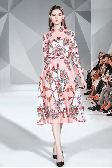 

European Ladies Temperament Lapel Long Sleeve Print Shirt + Fashion Print Pleated Midi Skirt Two Piece Set, White