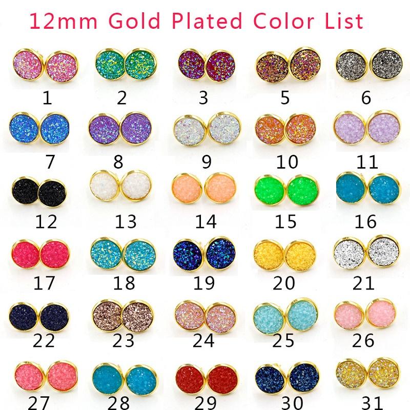 

Designer 12mm Resin Druzy Drusy Earrings Silver Gold plated Handmade Stud for Women Jewelry