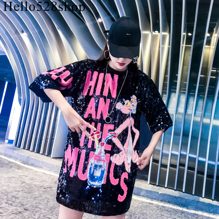 

Hello528shop Fashion Pink Leopard Sequin Tops for Women - Short Sleeves T-shirt Loose Large Size Black Sequined Shirts Dress Ladies