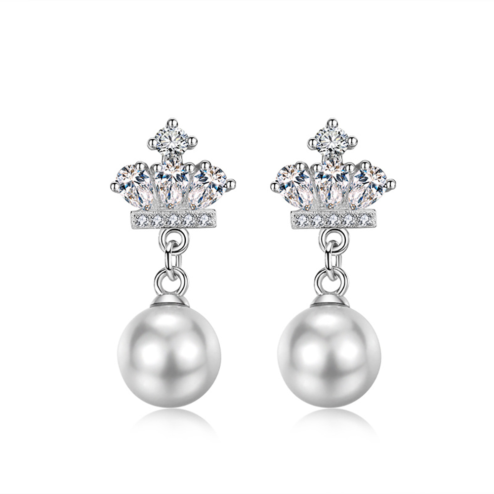 

natural freshwater pearl earrings Crown zircon Princess elegant 925 sterling Silver Wedding Jewelry for women