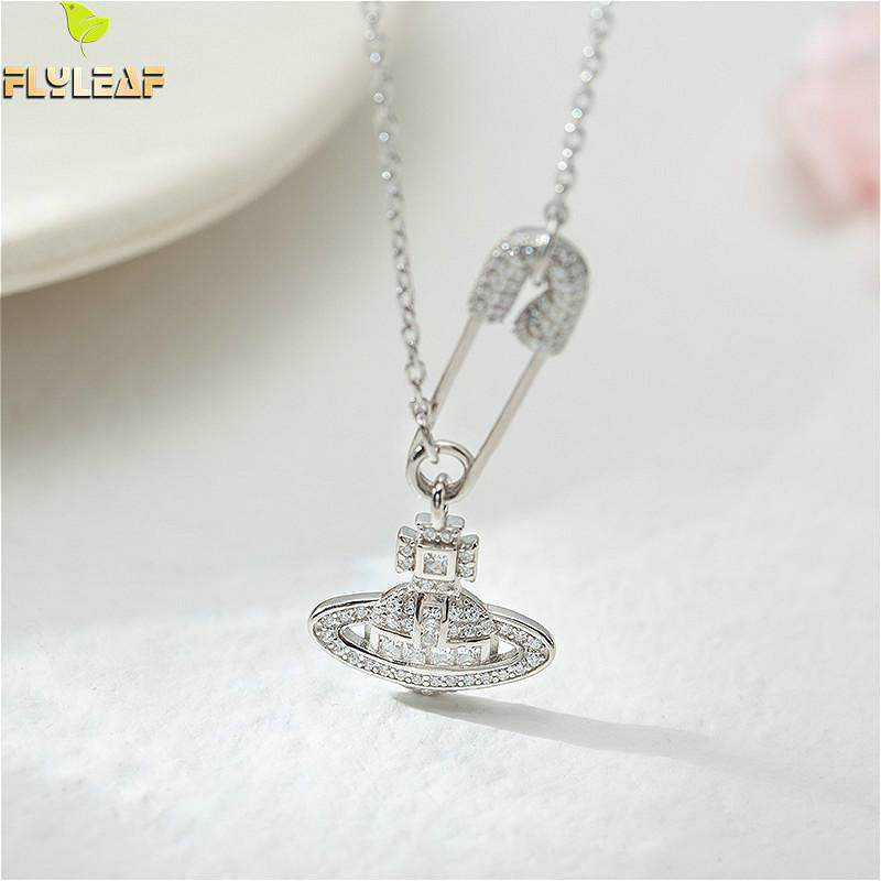 

Flyleaf 925 Sterling Silver Pin Planet Cubic Zirconia Necklace Women Fashion Chain Fine Jewelry Simple Gold Necklaces & Pendants