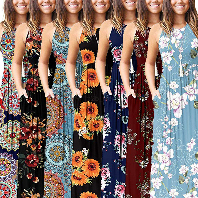

Floral Bohemian Maxi Dress 19styles Summer Ladies flower Print Beach Bohemian sleeveless Dress Vintage Maternity Pocket Dress 10pcs LJJA2326, As picture