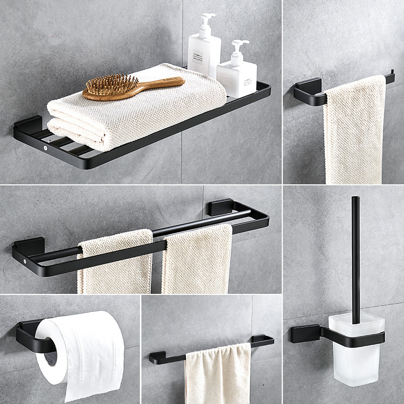 

Aluminum Bathroom Accessories Set Black Square Tissue Holder Towel Rack Towel Bar Soap basket Bath Hardware Set Free Shipping