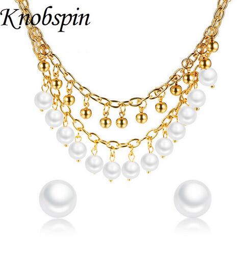 

Fashion Gold Color Simulated Pearl Beads Necklace Stud Earrings Stainless Steel Jewelry Set for Women Party Wedding Jewellery