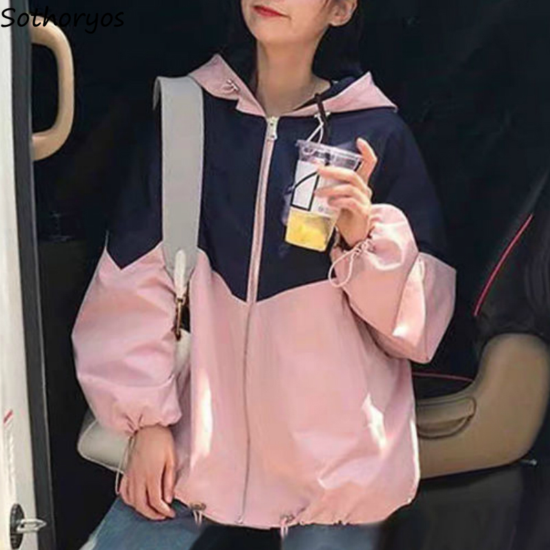

Trench Women Patchwork Hooded Oversize Loose Trendy Korean Style Students Summer Sun-proof Leisure Ins Female Coats Streetwear, Black
