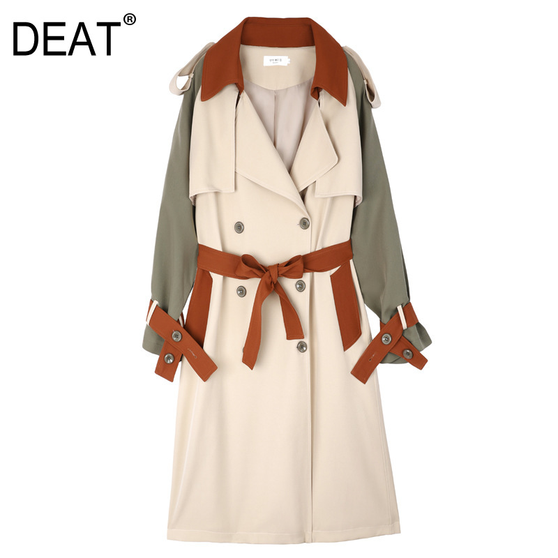 

DEAT] 2020 Women' Coat Full Sleeve Lapel Hit Color Lacing Over Long Loose Trench Bow Casual New Autumn Ashion Clothing AM787, As shown