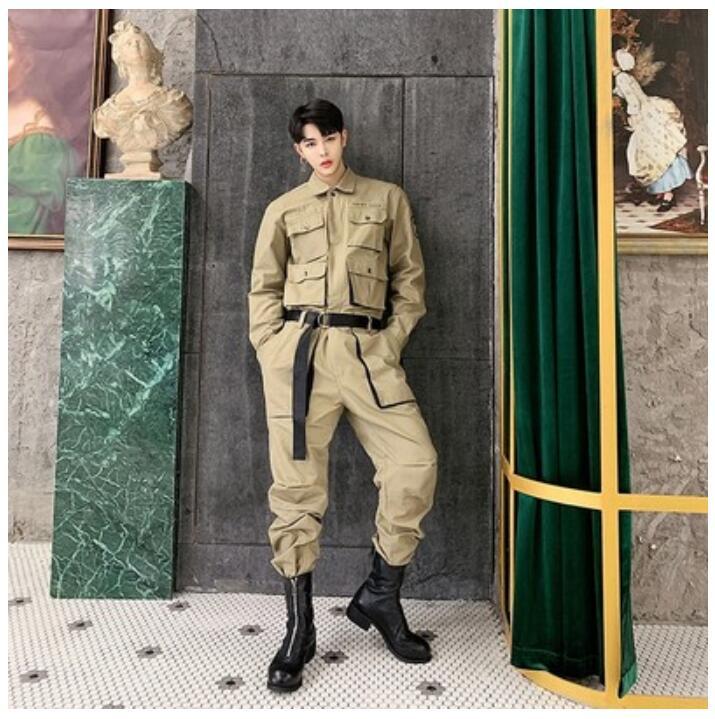 

2020 New Spring Autumn Jumpsuit Men Rompers One Piece Overalls Mens Long Sleeve Casual Multi Pockets Design Pants Male Clothes, Black