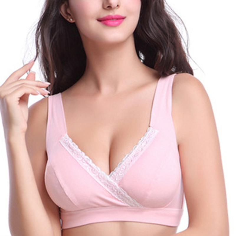 

2020 Hot Sale Lady Soft Cotton Wire-Free Lace Cross Vest Style Bras Women Front Closure Unlined Basic Breathable Healthy Bra, Pink