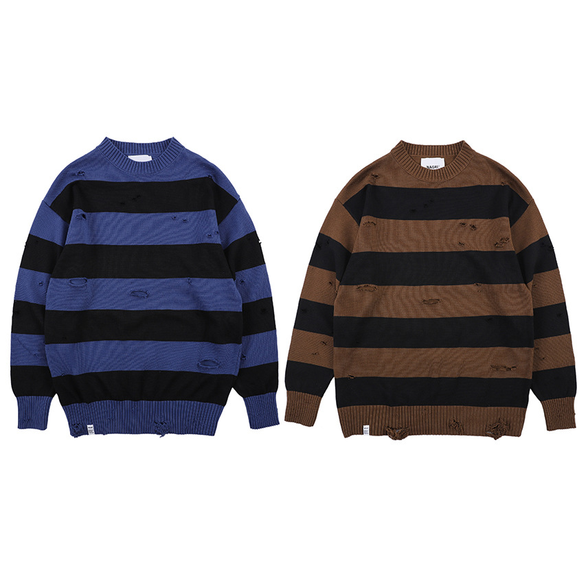 Mens Autumn New Cotton Stitching Loose Wild Simple Contrast Color Sweater