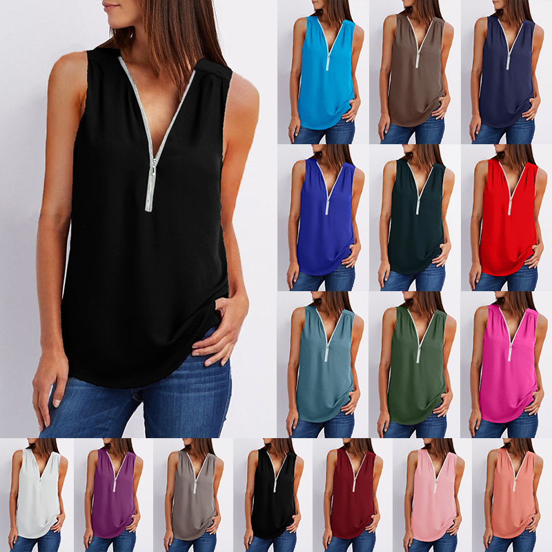 

Sleeveless Women Blouses Shirt Chiffon Fabric Dress Zipper V Neck Office Ladies Solid Loose Plus Size Shirts Tops 2020 Summer, Purple women blouses