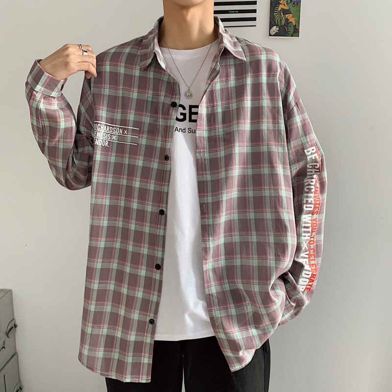

2020 Spring And Autumn New Youth Popular Plaid Letter Printing Long-sleeved Shirt Fashion Casual Loose Single-breasted Shirt, Red