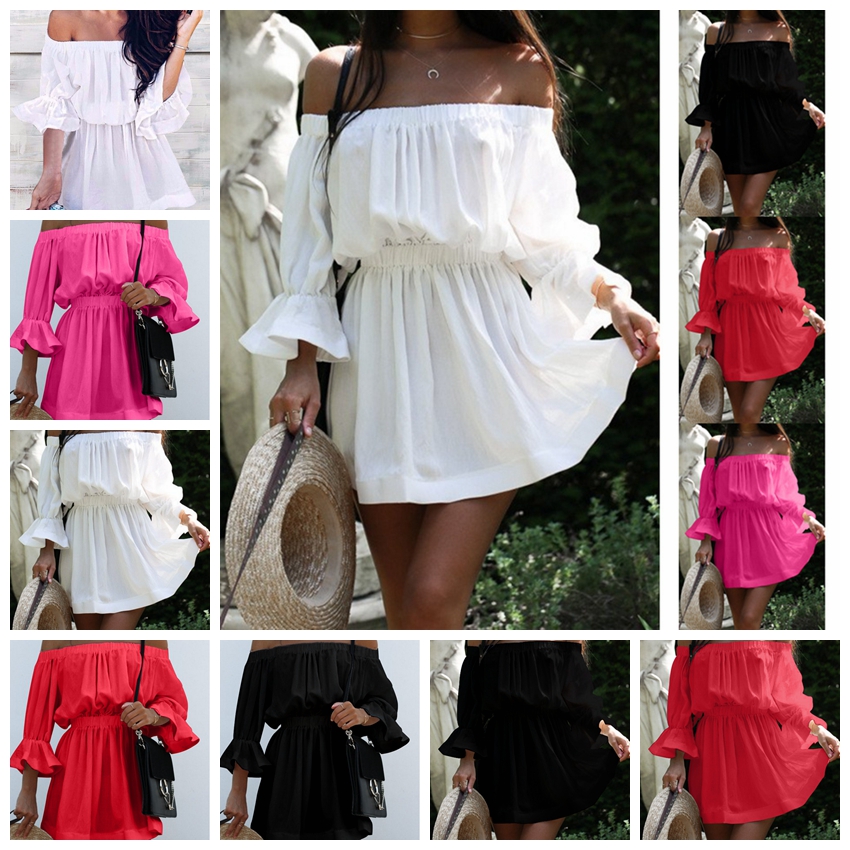 

European fashion solid color sexy strapless long sleeves waist dress white, red, black, rose support mixed batch