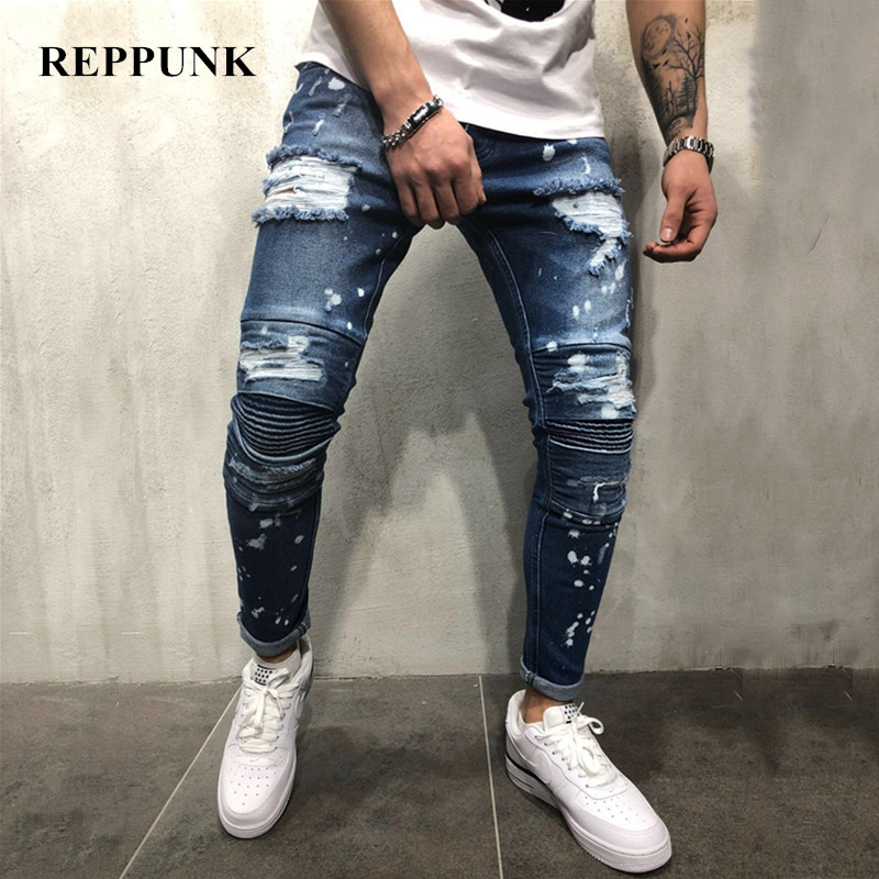 

Men Ripped Splash ink Slim fit Biker Jeans Trousers Streetwear Male Destruction holes Hop hip Cotton Casual Jogger Denim pants, Blue