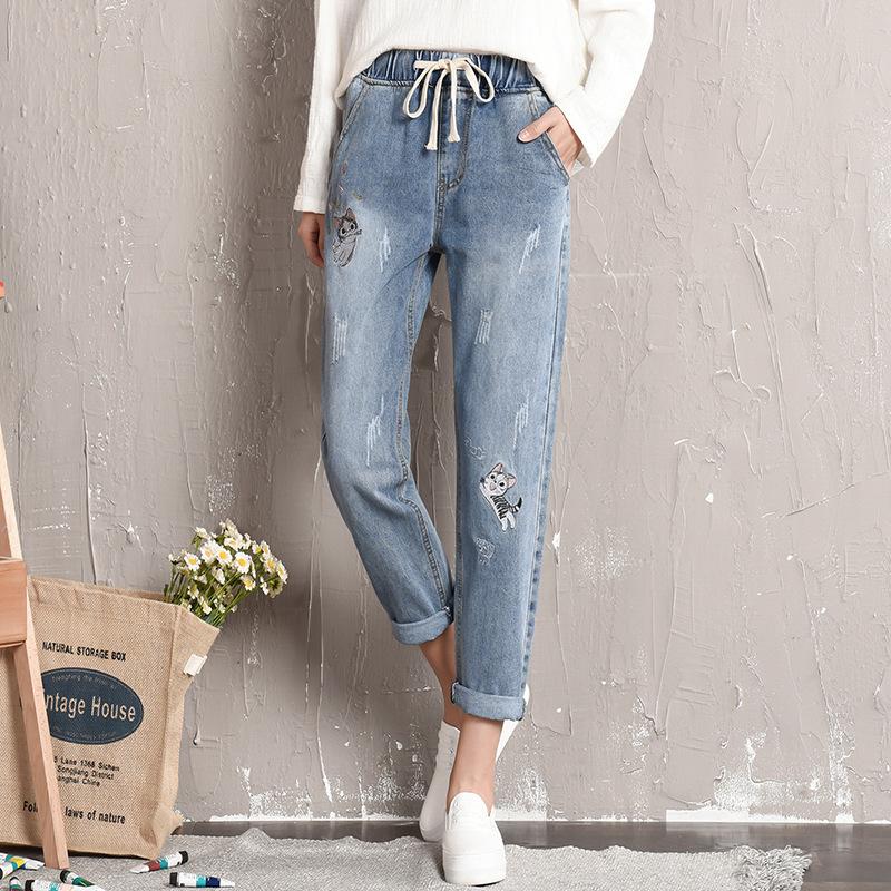 

Plus Size Embroidery Elastic Waist Jeans Women Boyfriend Baggy Drawstring Denim Harem Pants Vintage Ankle Length Trousers 8826, Blue