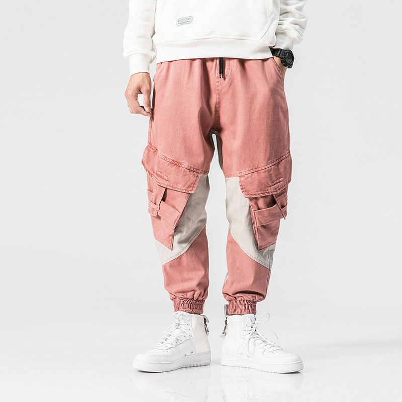 Men's Pants Fashion Hip Hop Cargo With Multi Pockets Pink Casual Tactical Harem Trousers Patchwork Elastic Waist Cuff