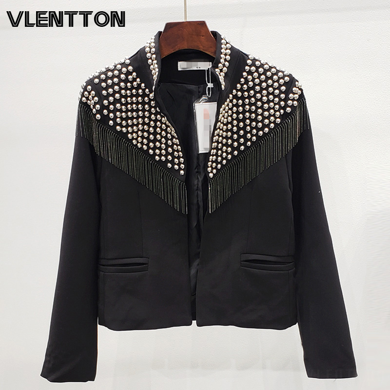 

2020 Spring Black White Streetwear Rivet Tassel Blazer Jacket Women Solid Short Suit Coat Female Tops Korean Cardigan Outwear