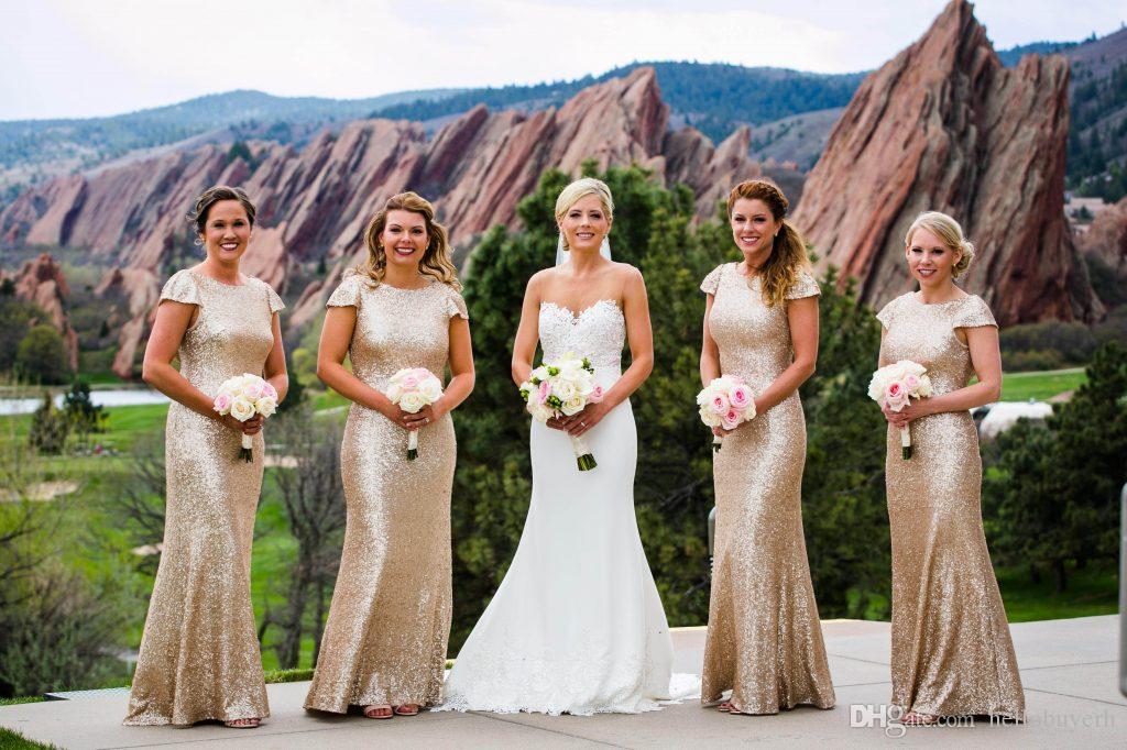 

Sheath Rose Gold Sequins Bridesmaid Dresses Cap Sleeve Simple Designs Plus Size Long Prom Formal Dresses 2018