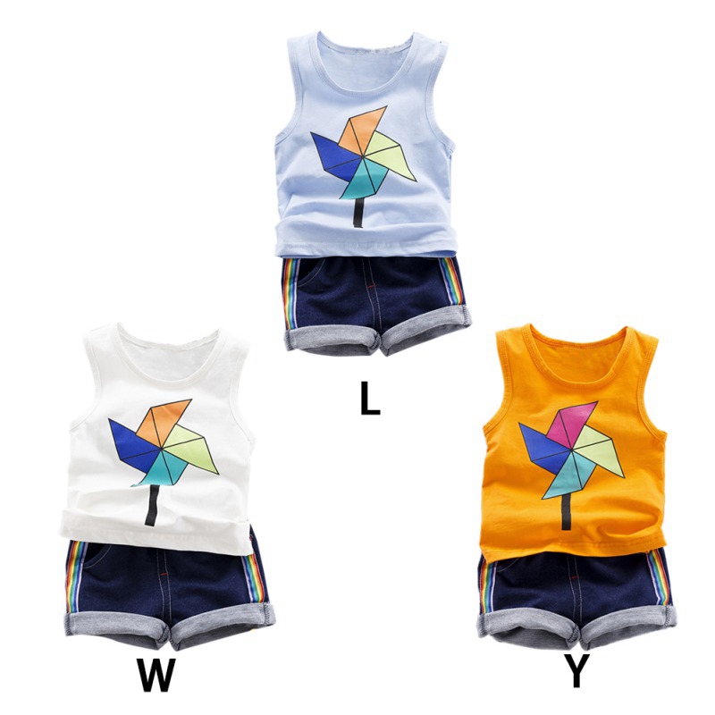 

2020 Summer Baby Boy Clothes 2pcs Cartoon Windmill Printed Sleeveless Vest Top Denim Shorts Casual Outfits, Orange