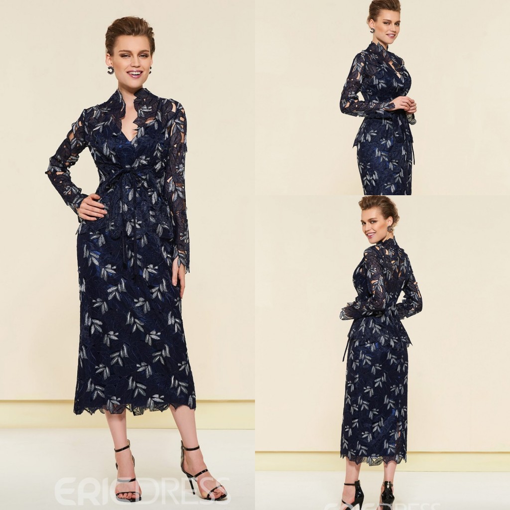 

Cheap Sheath Mother of The Bride Dresses With Jacket Spaghetti Sleeveless Wedding Guest Dress Lace Applique Tea Length Evening Gown