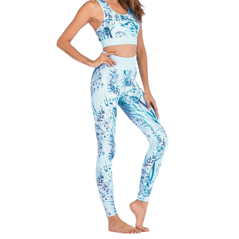 

Summer Women Yoga Set Flower Printed Slim Sleeveless Vest +Long Pants Breathable Casual Yoga Sportwear Suits