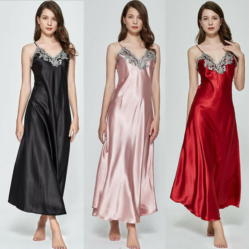 

2020 HOT Sexy Lace Lingerie Women Silk Sleeveless V-neck Lace Hollow Long Nightdress Summer Babydolls Nightgown Sleepwear, Black