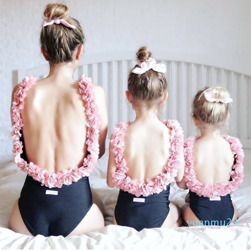 Wholesale-Imayio Children flower Swimsuits Baby Girls One-piece Swimsuit 3D Floral Open Back Bathing Suit for Mother-daughter swimsuit-image-546054454