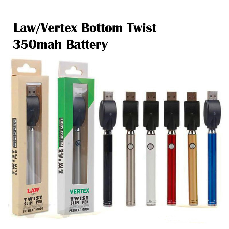 

Law Preheat VV Battery Bottom Twist 350mAh Vertex Vape Pen Variable Voltage USB Charger Battery Kit For 510 Thread Thick Oil Cartridges Tank