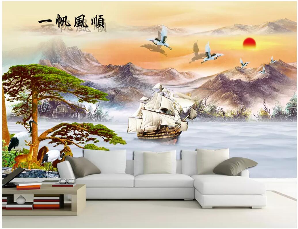 

WDBH 3d wallpaper custom photo mural Chinese landscape sailing boat background living room Home decor 3d wall murals wallpaper for walls 3 d, Non-woven wallpaper