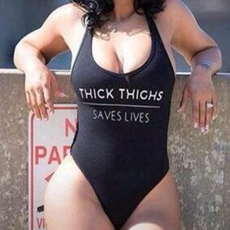 

High Cut THICK THIGHS SAVES LIVES Funny Letter Swimsuit Bodysuit One Piece Women Swimwear Swim Bathing Suits Rompers Monokini, White