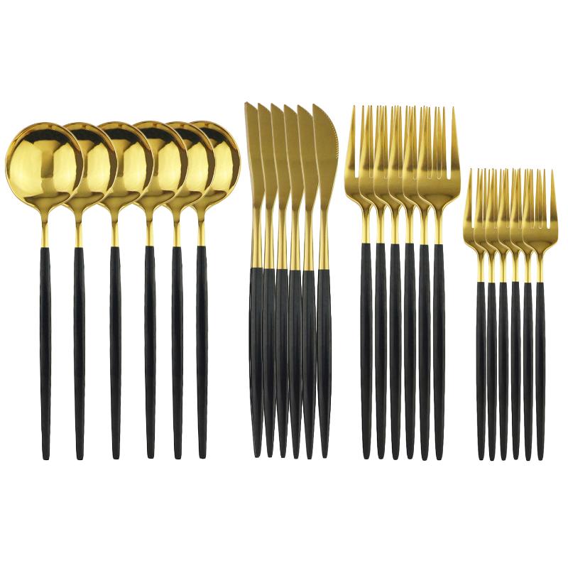 

24Pcs/Set Black Gold Dinnerware Cutlery Set Dessert Fork Flatware Set 18/10 Stainless Stee Kitchen Tableware Silverware