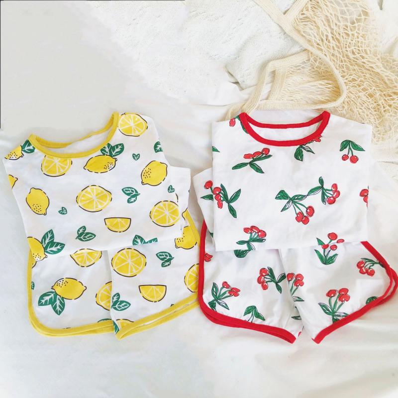 

Summer cute girls fruit printed clothes sets 2020 boys pure cotton soft short sleeve T shirt and shorts 2 pcs sets, Cherry