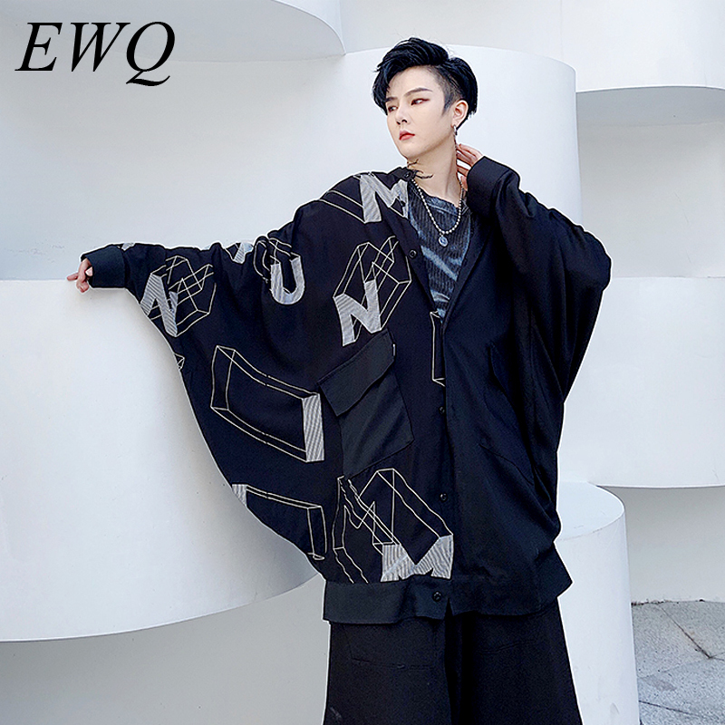 

EWQ / men's wear spring fashion 2020 new Letter Printing Bat Sleeve Oversize black Shirt Hip-hop Personality tops male 9Y1046