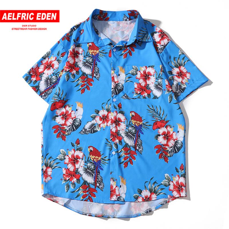 

Aelfric Eden Summer Oversized Hawaii Men Shirts Streetwear Flower Print Fashion Beach Short Sleeve casual cotton loose shirts, Blue