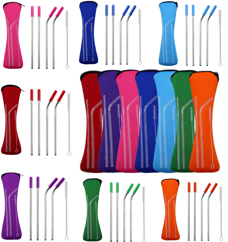 

300set Reusable Stainless Steel Metal Straws Straight Bent Drinking Straws For 30oz 20oz Tumbler With Silicone Tips zipper Bags