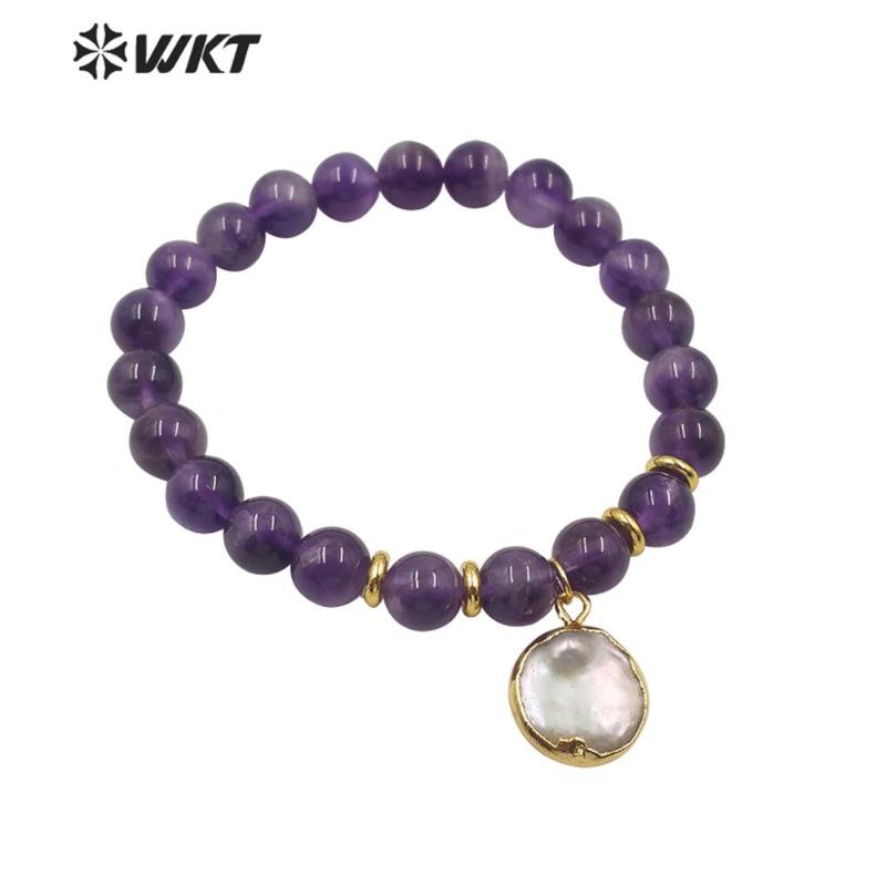 

WT-B538 Wholesale round 8mm beads flexiale beads bracelet girl natural pink stone bracelet with hang charm