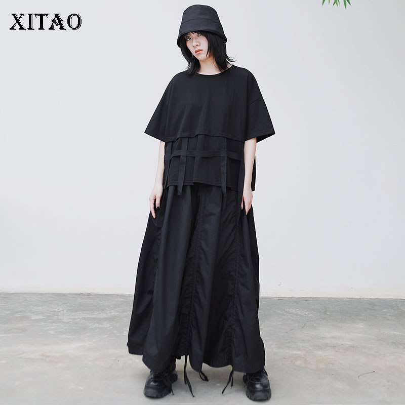 

XITAO Pleated Black Skirt Elastic Waist Loose 2020 Spring Summer Goddess Fan Minority Elegant Drawstring Casual Skirt XJ4009, Black xj4009