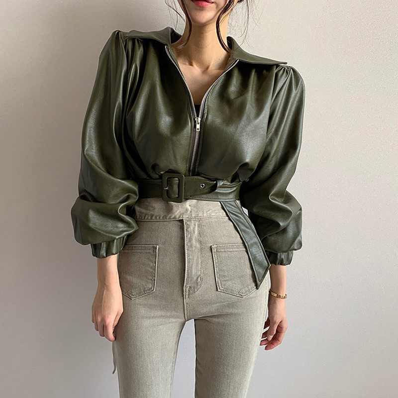 

High Waisted Short PU Leather Women Coat Zipper Turn Down Collar Long Sleeve Jacket Autumn Belt Slim Waist Outwear Solid, Black