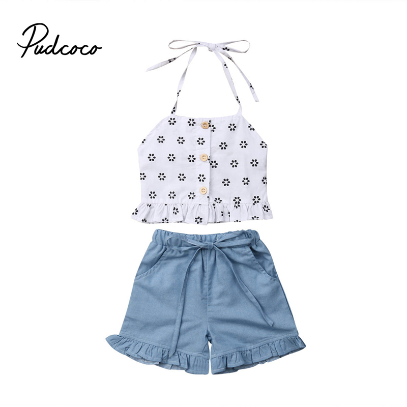 

Toddler Baby Girl Clothes Sets Floral Strap Halter Top+Denim Shorts Pants 2PCS Outfits Kids Baby Clothing, As pic