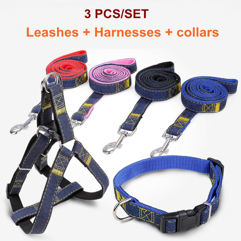 

3pcs/lot Pet Dog Leashes Sets with Harnesses Collars Denim Heavy Duty Cloth Strap Puppy Cat Dog Leashes for Outdoor Walking DHL