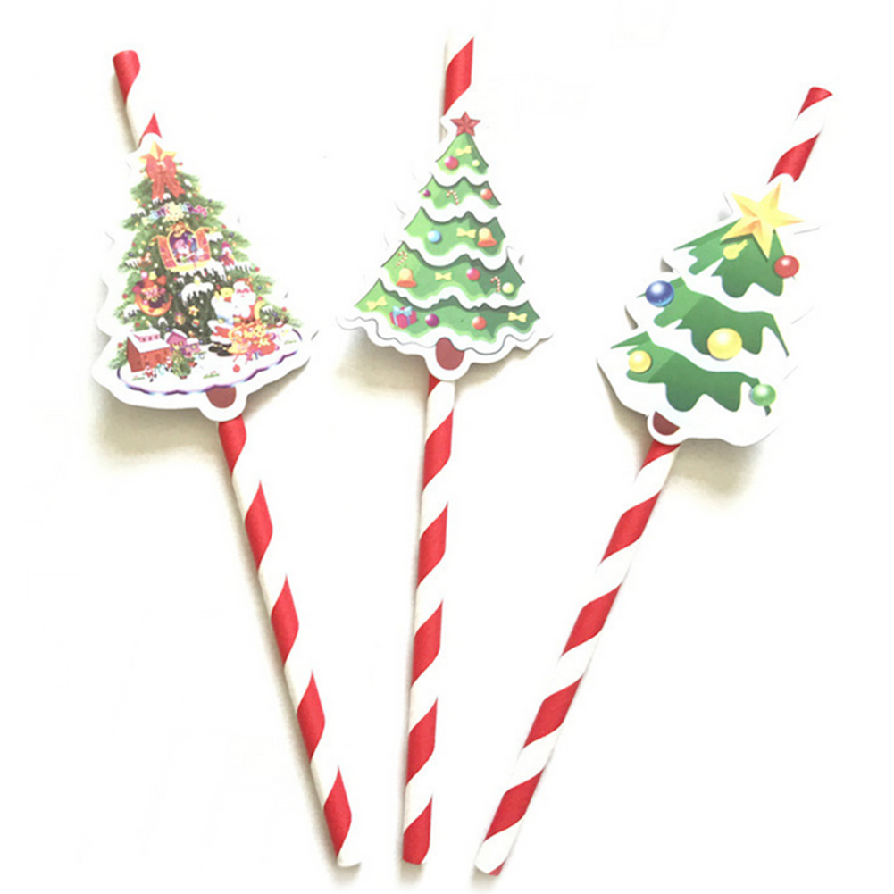

3 Pcs Christmas Tree Paper Straw Decor - Holiday & Christmas Party Striped Decorative Straws Tree