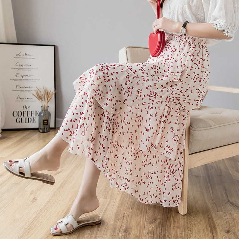 

CYNTHIA Summer Women Chiffon Skirts Female Vintage Floral Irregular Asymmetrical Mid-Calf Skirts Elastic Waist, Beige